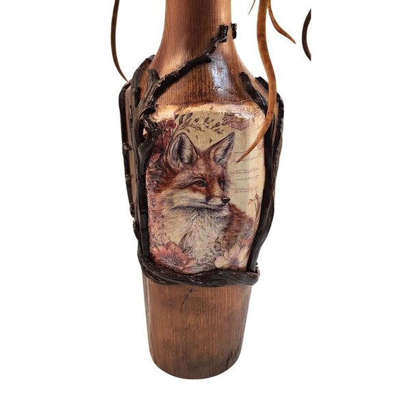 Wooden Fence Post Vase With Fox Design & Faux Grass Grain Arrangement 28" tall W - Picture 7 of 15